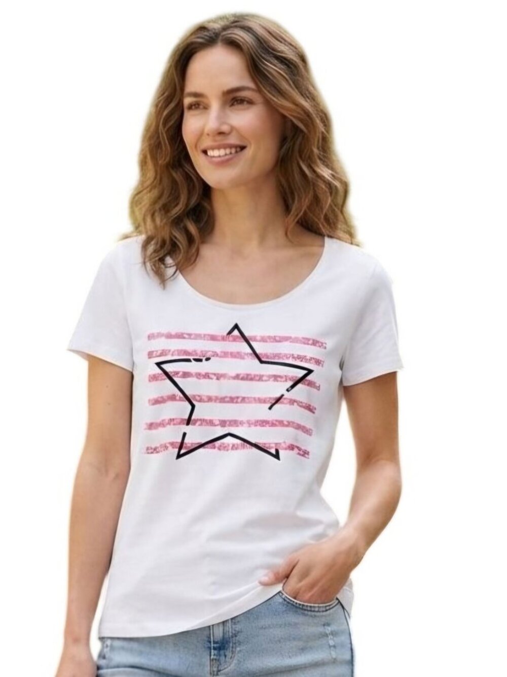 Marble Star Stripe Slight Shimmer Shirt Sleeve Sustainable Cotton Top Size M